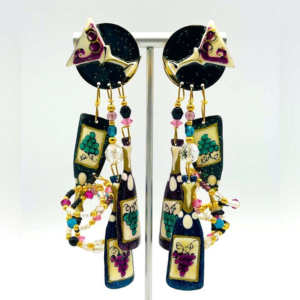 🍷 Vintage Signed Lunch at the Ritz Wine Bottle Dangle Statement Earrings 4” 🍇